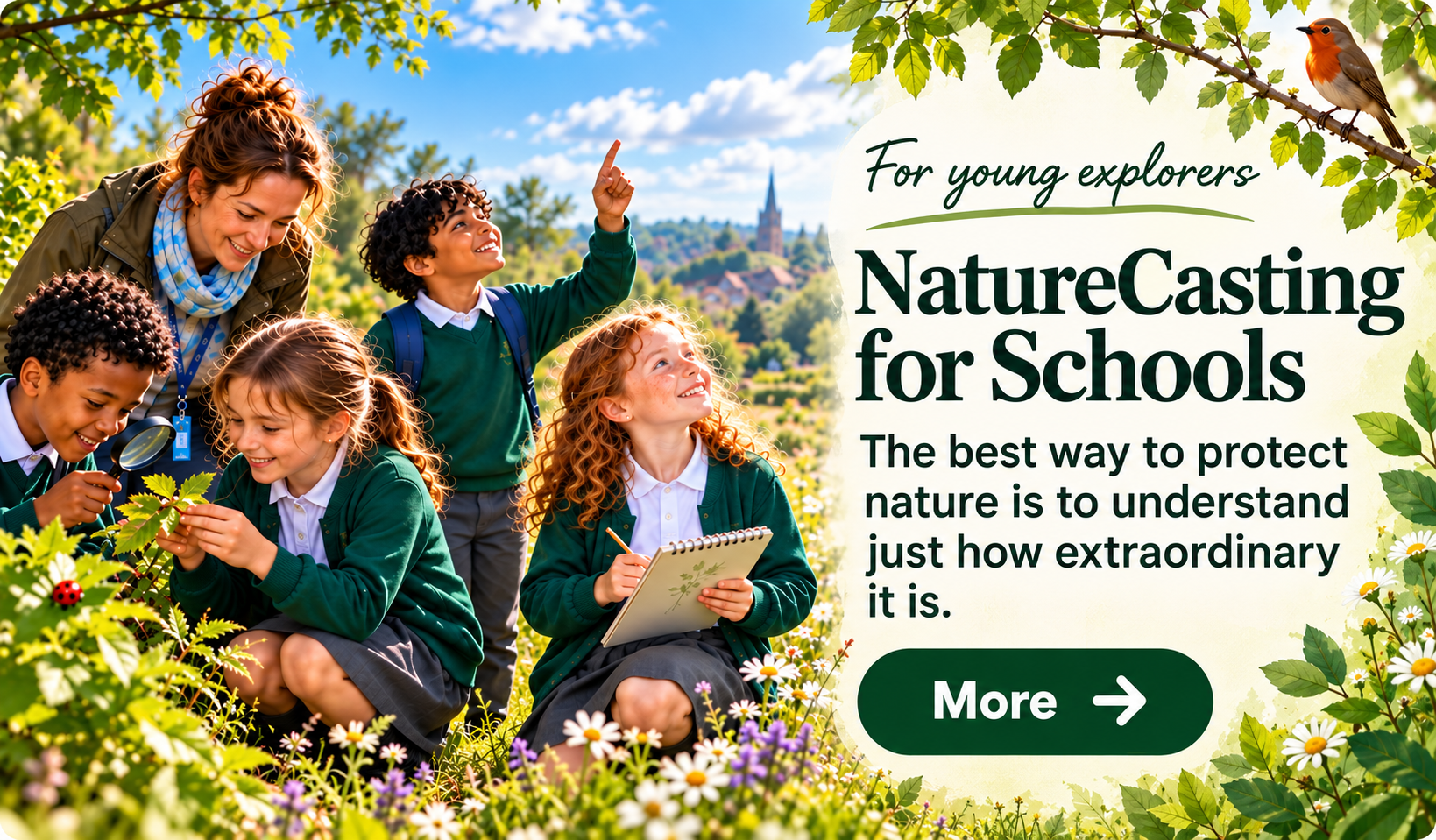 Schoolchildren exploring plants, insects and clouds with their teacher